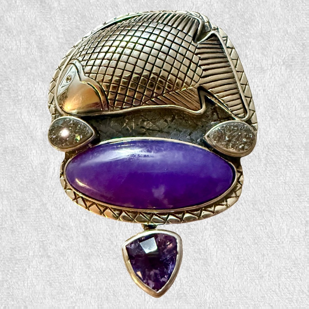Vintage Amy Kahn Russell 925 And Purple Jade, Amethyst & Druzy Fish